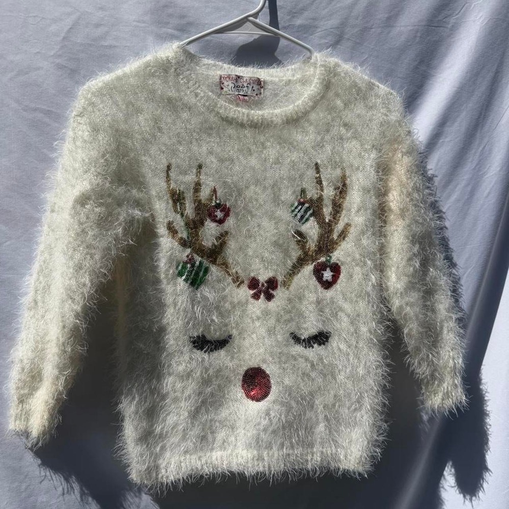 Poof Girl Girls S Ivory Knit Pullover Sweater Crewneck Sequin Reindeer